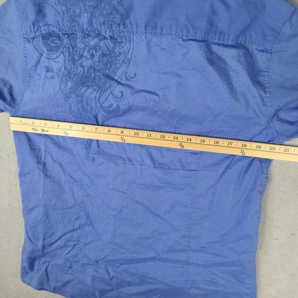 G By GUESS Shirt‎ Men's Large Blue Short Sleeve Button Down Tattoo Art - Picture 9 of 12